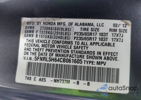 2012 Honda Odyssey Ex-L из США, поврежденный, VIN 5FNRL5H64CB061605